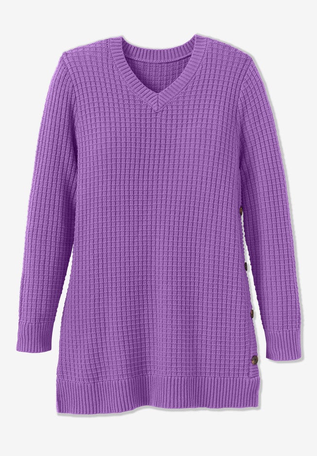Side Button VNeck Waffle Knit Sweater Woman Within
