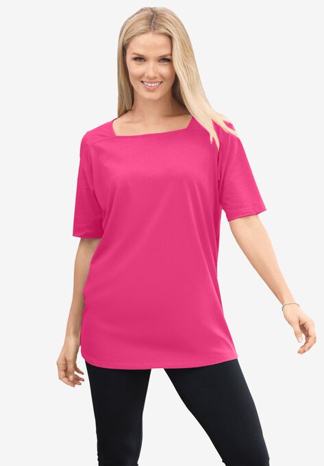 Perfect Elbow-Sleeve Square-Neck Tee, RASPBERRY SORBET, hi-res image number null