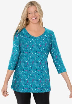 Perfect Printed Three-Quarter Sleeve V-Neck Tee