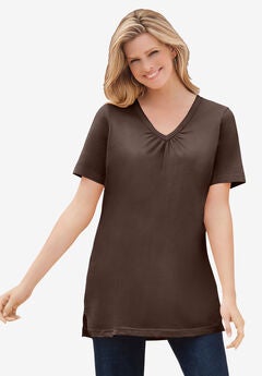 Perfect Short-Sleeve Shirred V-Neck Tunic
