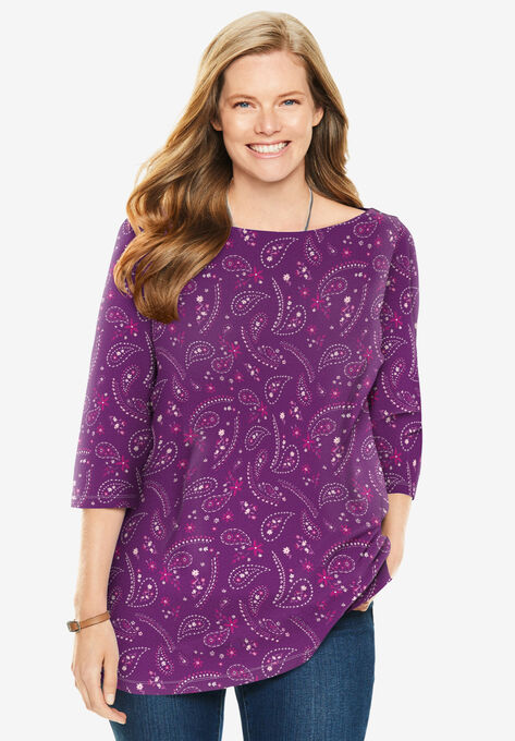 Perfect Printed Three-Quarter Sleeve Boat-Neck Tee, PLUM PURPLE FLORAL PAISLEY, hi-res image number null