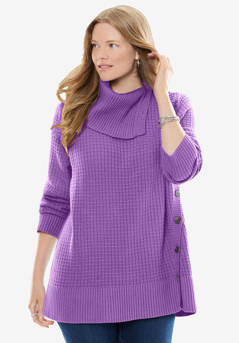 Button-Neck Waffle Knit Sweater, PRETTY VIOLET, hi-res image number null