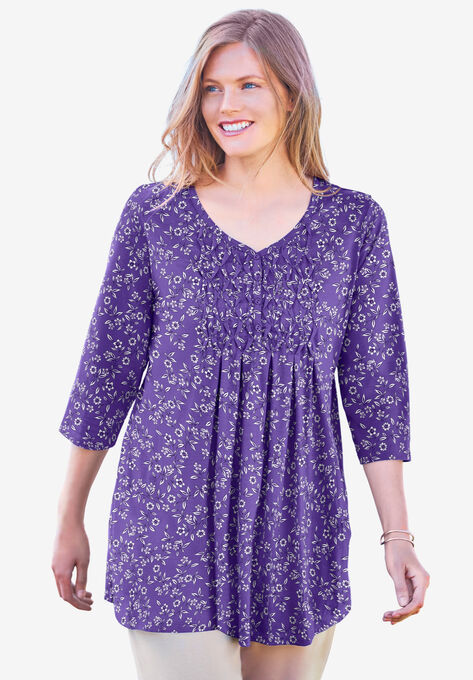 Smocked Henley Trapeze Tunic, PETAL PURPLE LINEAR FLORAL, hi-res image number null
