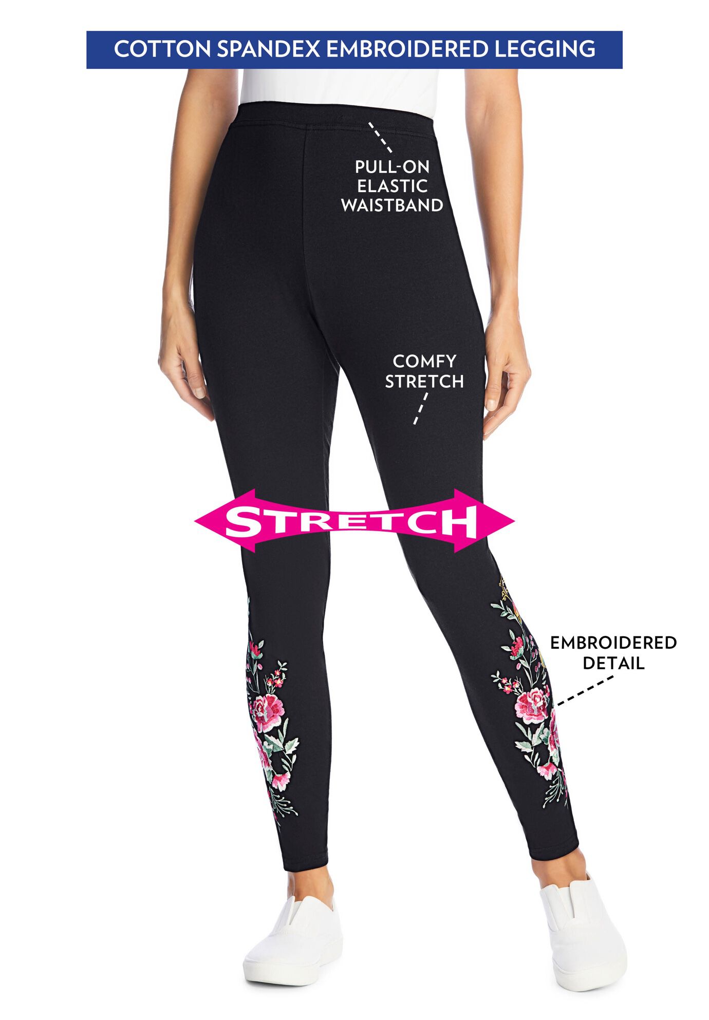 Stretch Leggings Cotton Embroidered Design, Black Floral