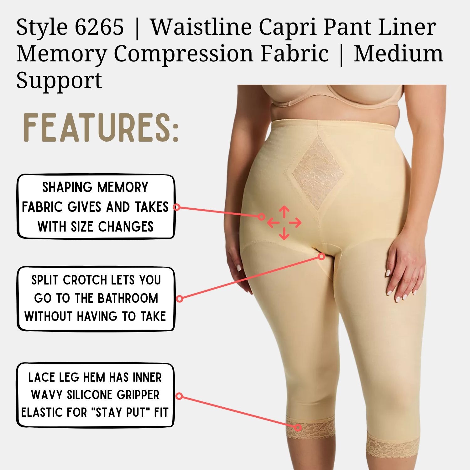 Moderate Control Waistline Capri Pant Liner with Tummy Control Panel Memory Compression Fabric 6265, BEIGE, alternate image number 3