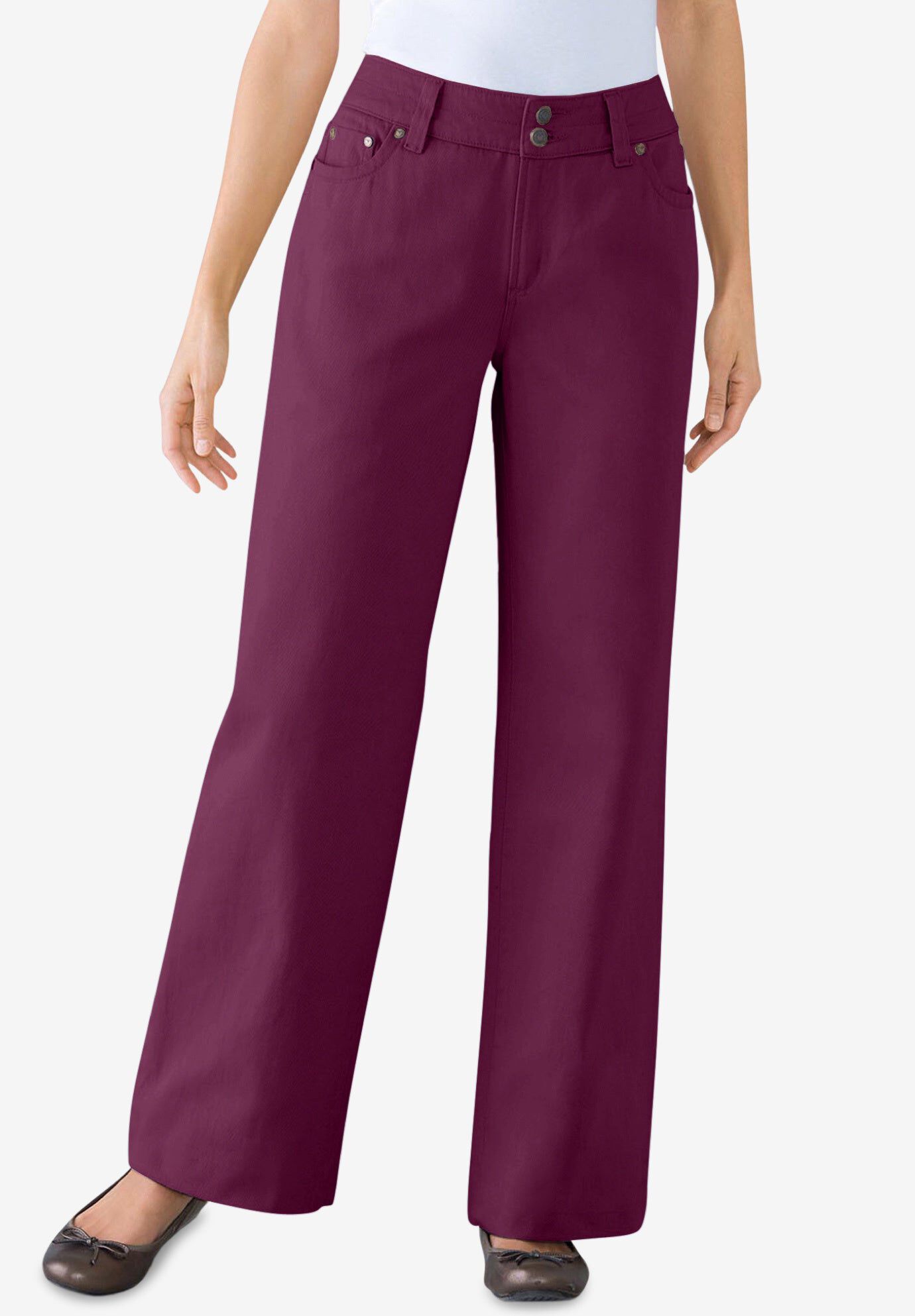 Perfect Wide-Leg All-Cotton Denim Five-Pocket Jeans, DEEP CLARET, hi-res image number 0