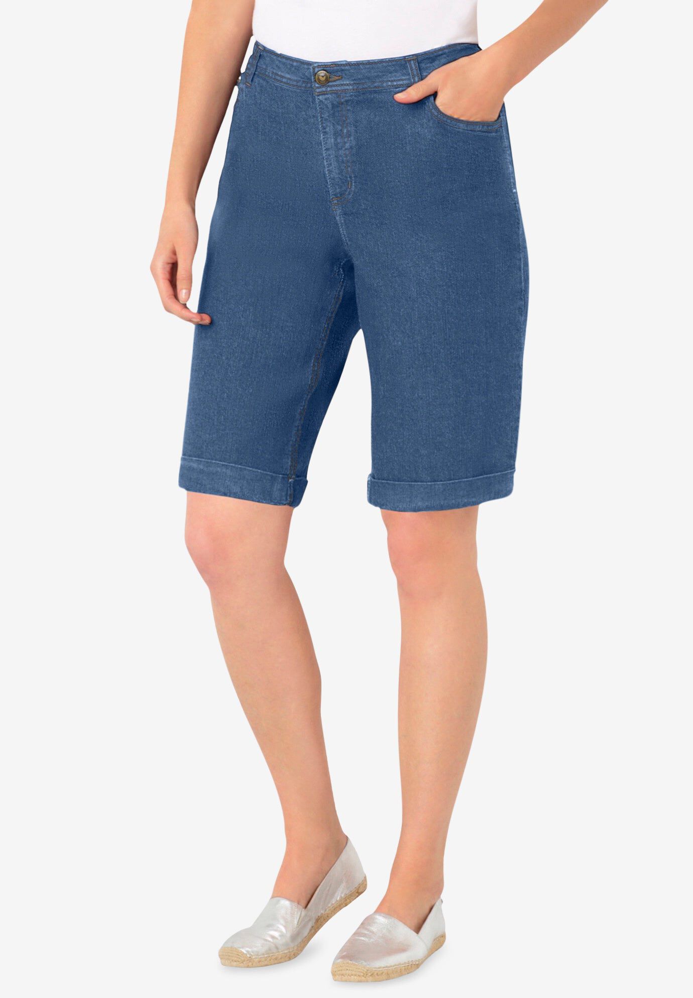 Stretch-Denim Five-Pocket Bermuda Jeans Shorts