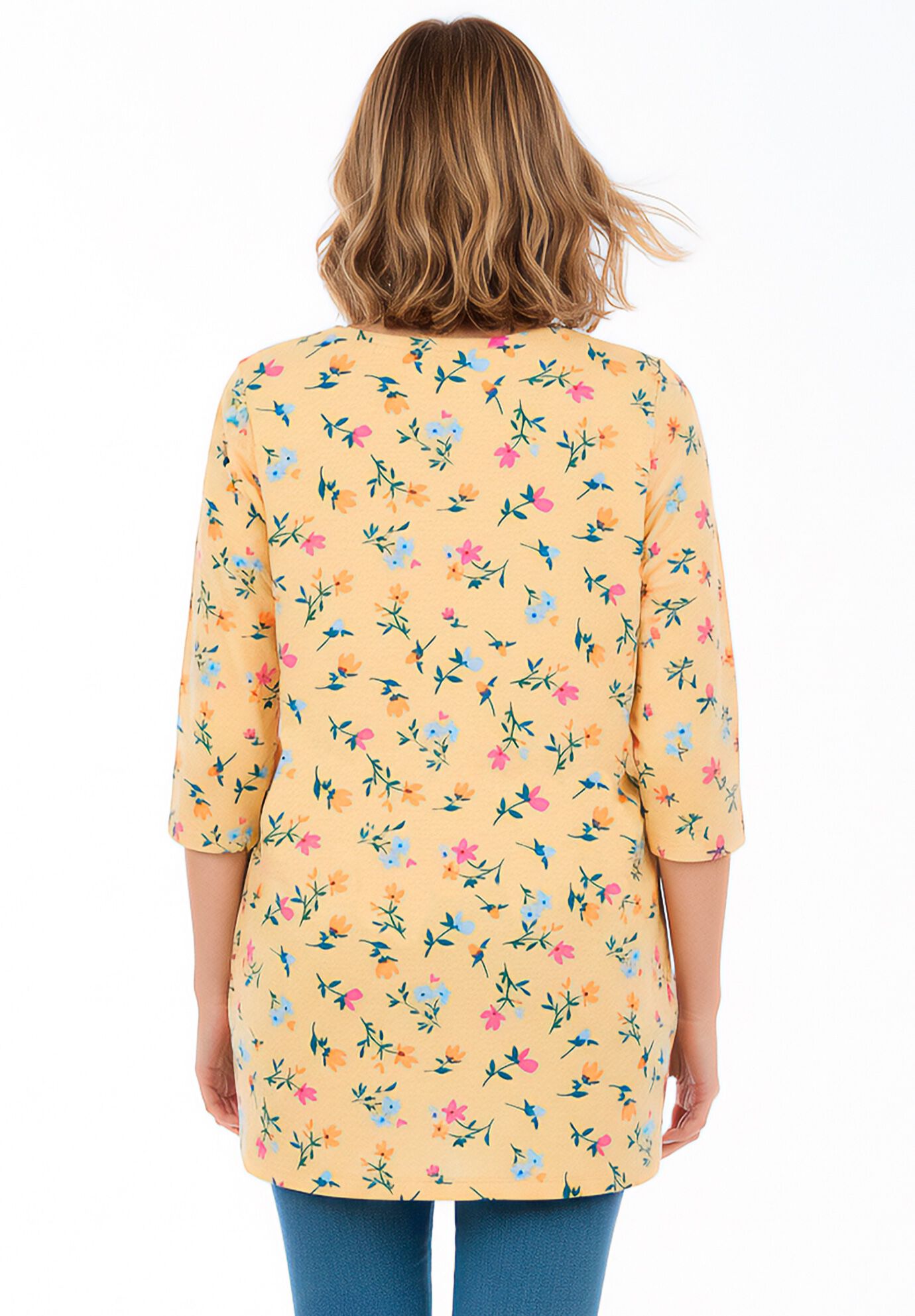 Perfect Printed Three-Quarter-Sleeve V-Neck Tunic, BANANA TULIP FLOWERS, on-hover image number 1
