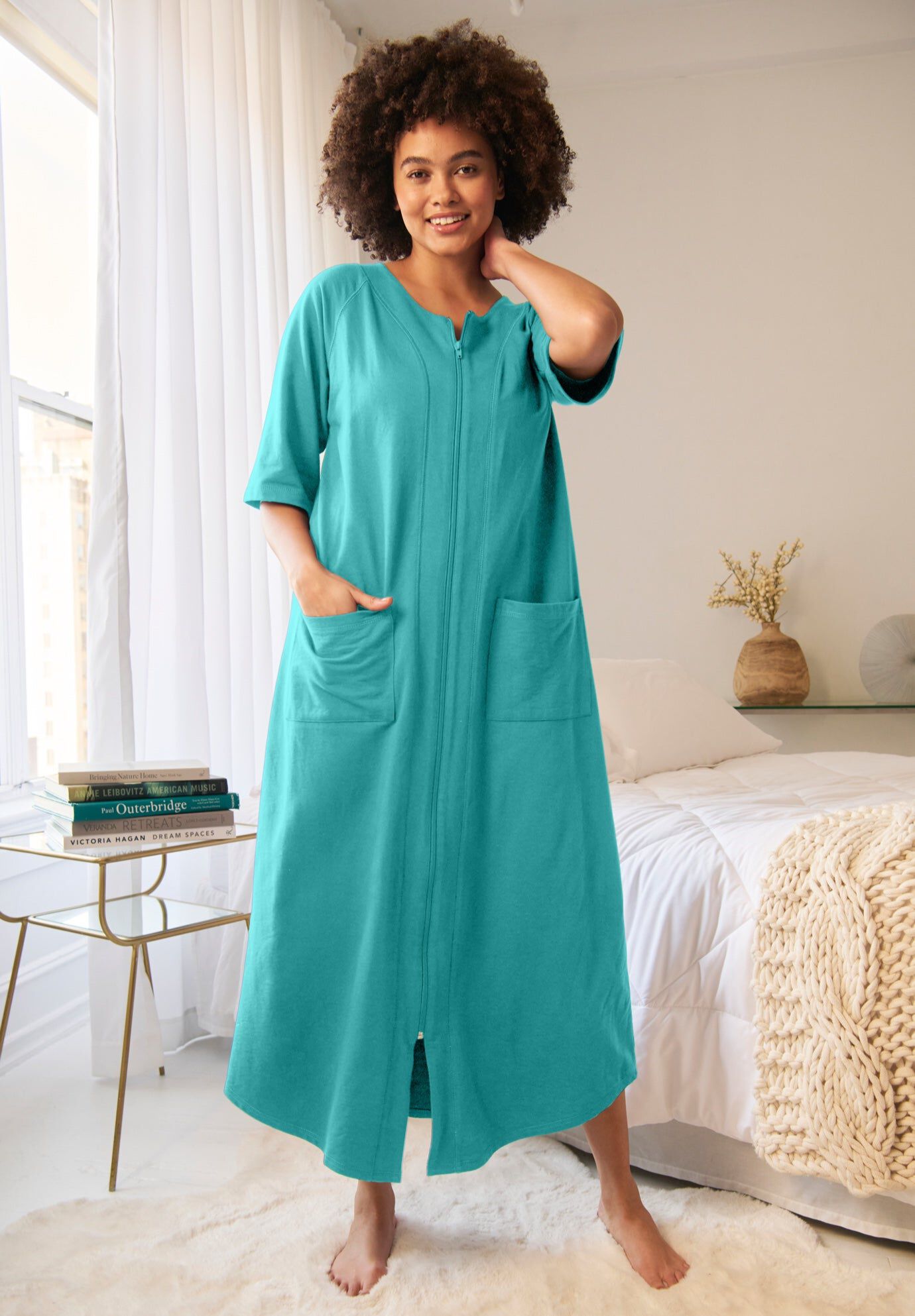 French Terry Robe - Long Zip-Front Style, Aquamarine | Woman Within