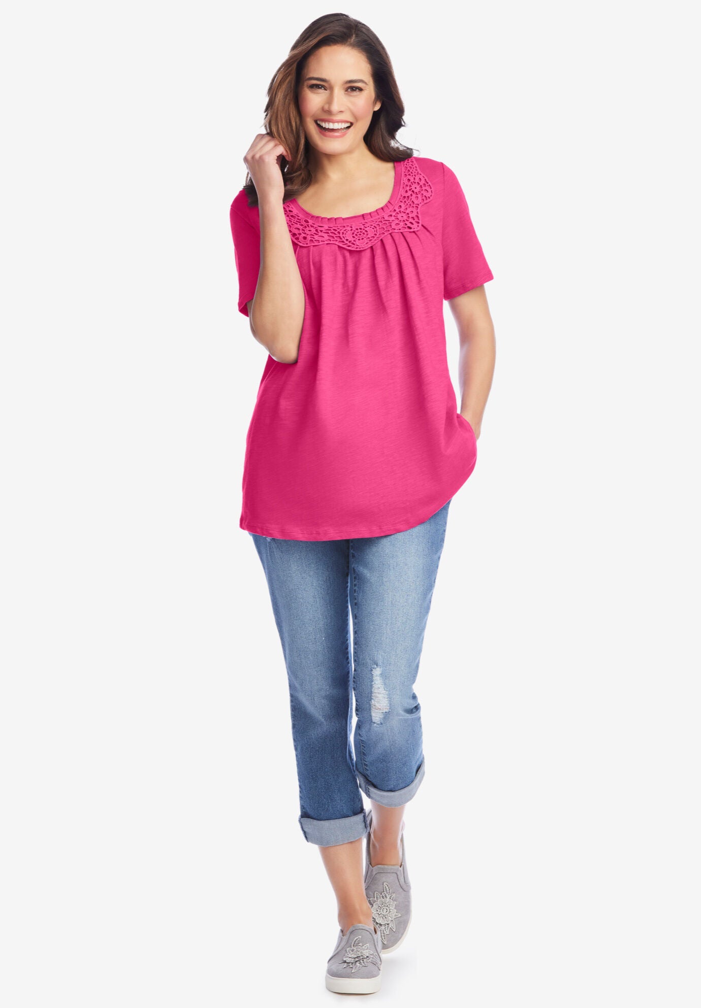 CrochetTrim Knit Top Woman Within