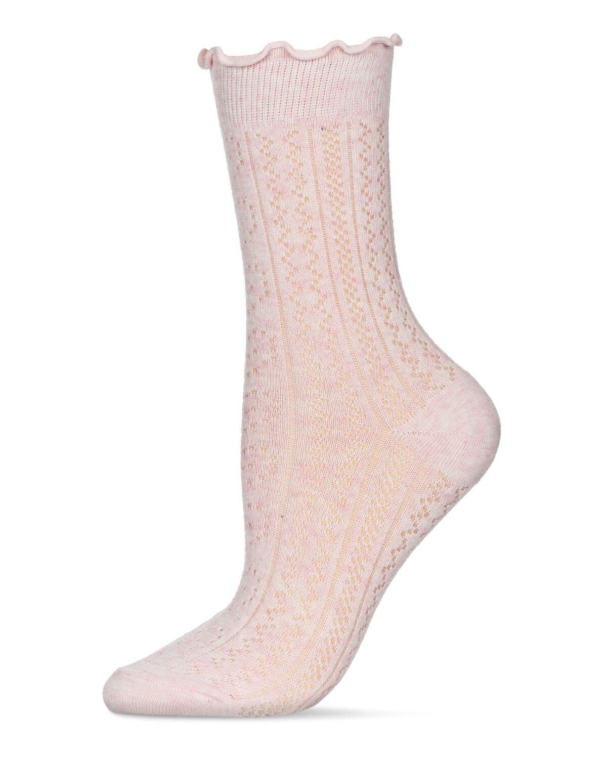 Women&#39;s Heart Ruffle Cuff Pointelle Crew Socks, PINK HEATHER, hi-res image number 0