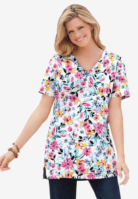 Perfect Short-Sleeve Shirred V-Neck Tunic, , alternate image number null