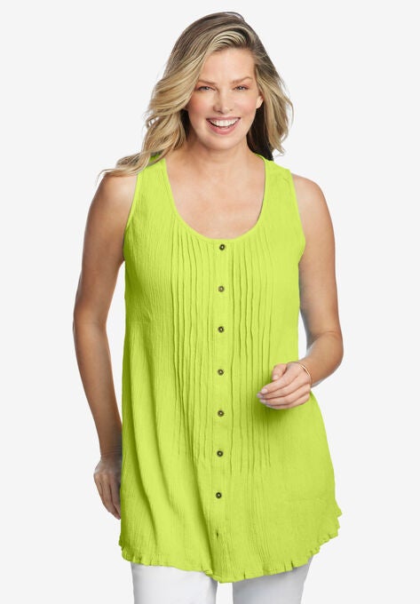 Sleeveless Pintuck Gauze Shirt, LIME, hi-res image number null