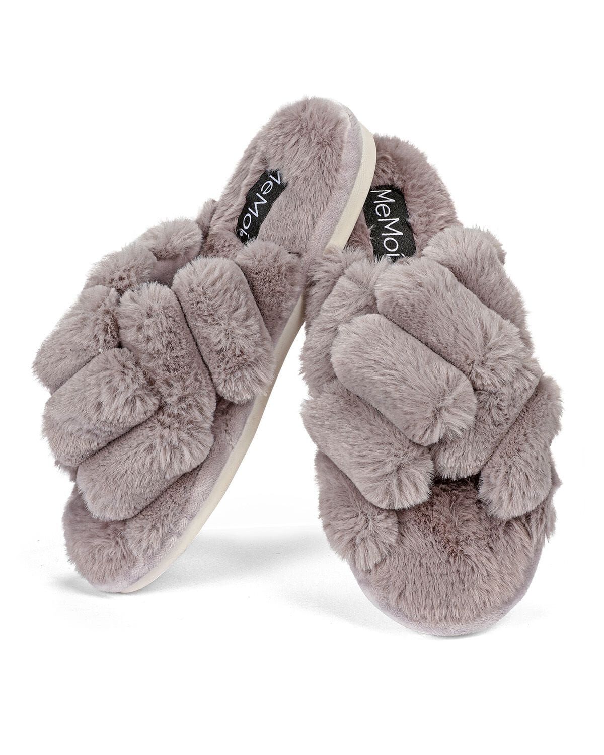 Women's Double Cross Plush Slippers, GRAY, hi-res image number 0