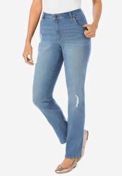 Womens Plus-Size Straight-Leg Stretch Denim Five-Pocket Jeans