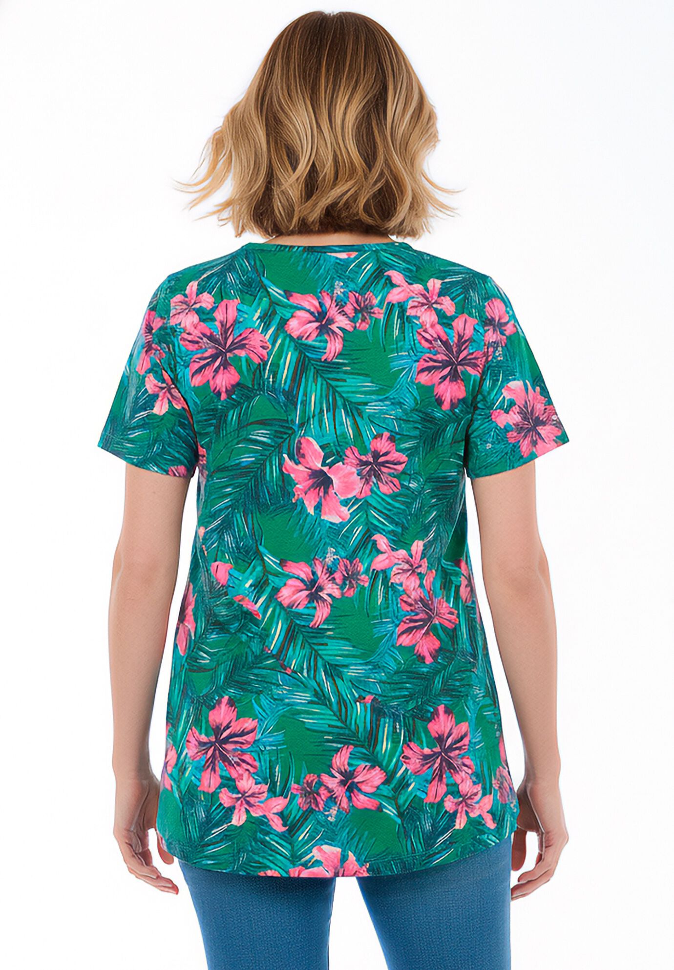 Perfect Printed Short-Sleeve V-Neck Tee, EMERALD TROPICAL BLOOM, on-hover image number 1