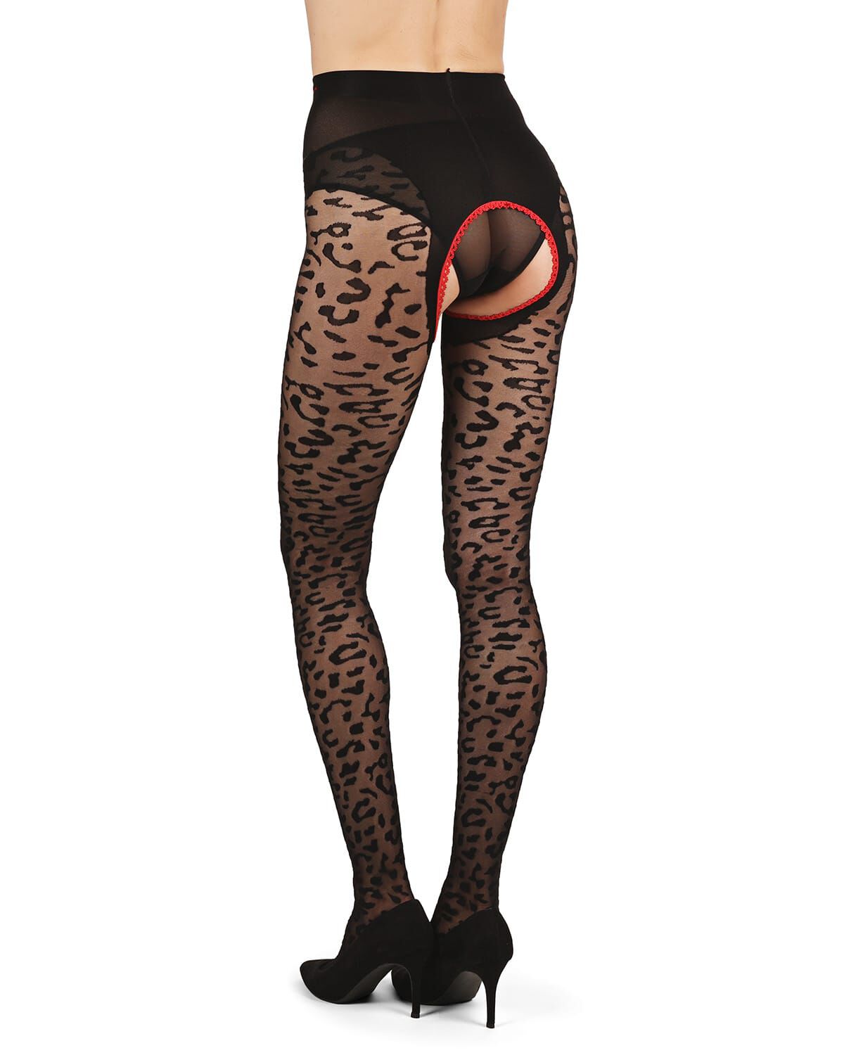 Women&#39;s Born To Be Wild Leopard Crotchless Sheer Pantyhose, BLACK RED, alternate image number 2