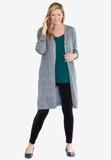 Shimmer Stitch Duster Cardigan Sweater, EMERALD GREEN LUREX, hi-res image number null