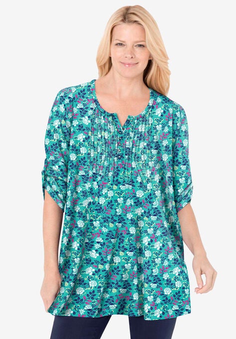 Three-Quarter Sleeve Pintucked Henley Tunic, PRETTY JADE FLOWER GARDEN, hi-res image number null