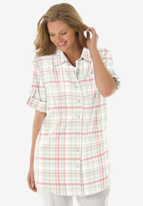 Linen Blend Button-Front Shirt, NEW KHAKI PLAID, hi-res image number null