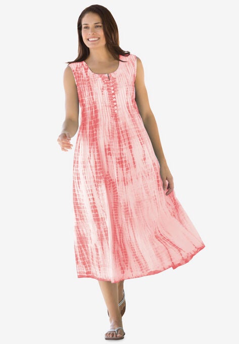 Sleeveless Pintuck Tie-Dye Dress, SWEET CORAL TIE DYE, hi-res image number null