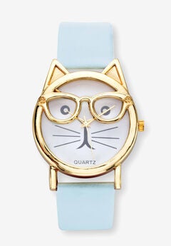 Gold Tone Bowtie Cat Watch with Adjustable Light Blue Strap, 8"