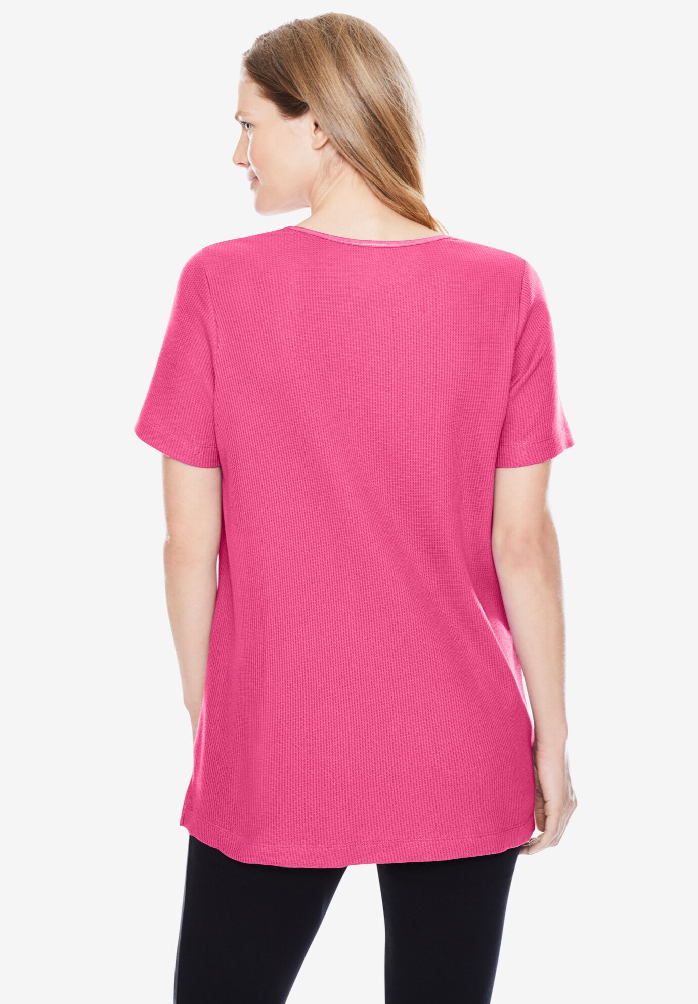 Thermal Satin Trim Short Sleeve Tee Raspberry Sorbet Woman Within