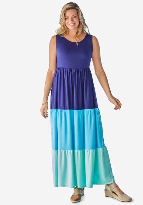 Color Block Tiered Dress, EVENING BLUE COLORBLOCK, hi-res image number null