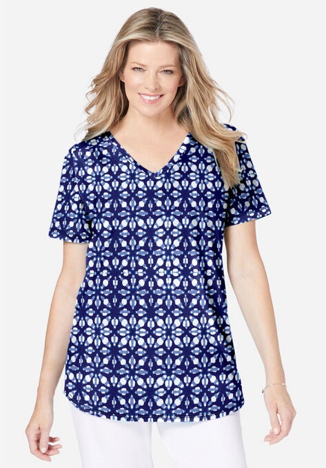Short-Sleeve V-Neck Shirred Tee, NAVY WATERCOLOR TILE, hi-res image number null