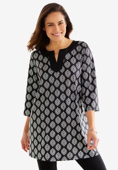 Contrast Notch-Neck Three-Quarter Sleeve Knit Tunic