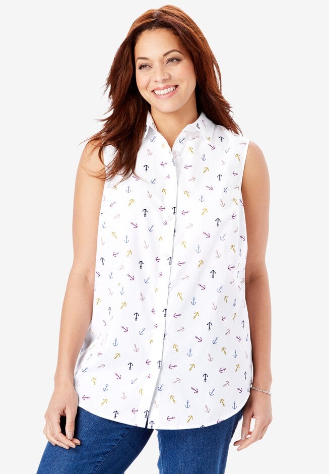 Perfect Button Down Sleeveless Shirt, WHITE MULTI ANCHOR, hi-res image number 0