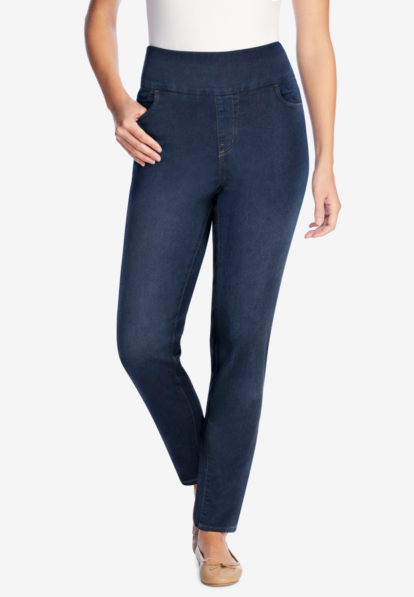 Flex-Fit Slim-Leg Pull-On Gap-Free Stretch-Denim Jeans, INDIGO SANDED, hi-res image number 0