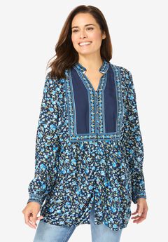Button-Front Mixed Print Tunic