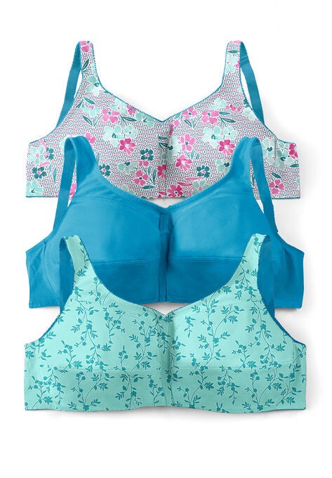 3-Pack Front-Close Cotton Wireless Bra, PALE OCEAN ASSORTED, hi-res image number null
