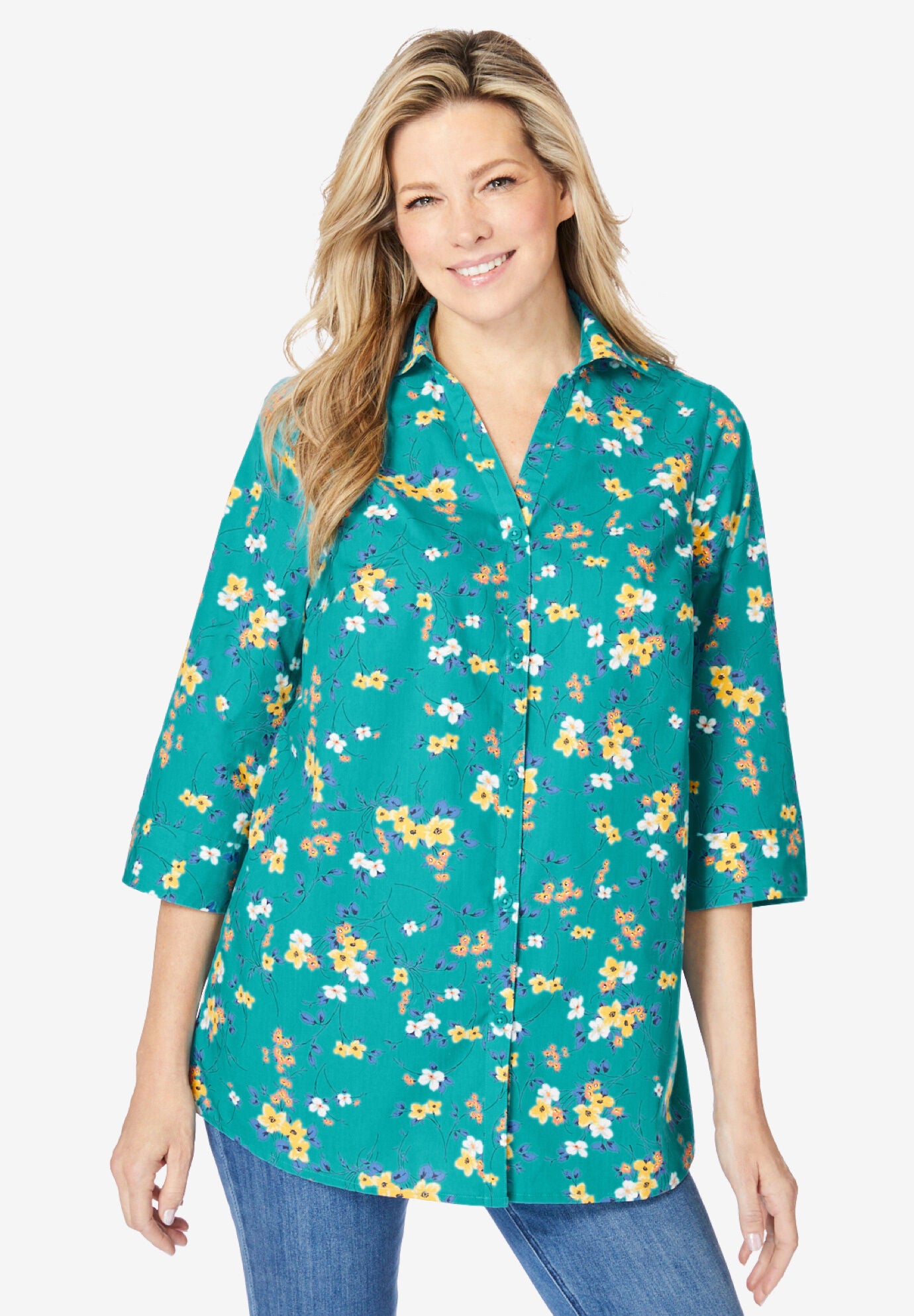 Pleat Back ThreeQuarter Sleeve Shirt, French Blue Stripe Woman Within