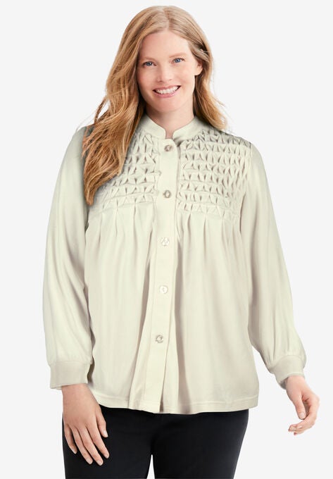 Smocked velour 25" bed jacket by Only Necessities®, IVORY, hi-res image number null