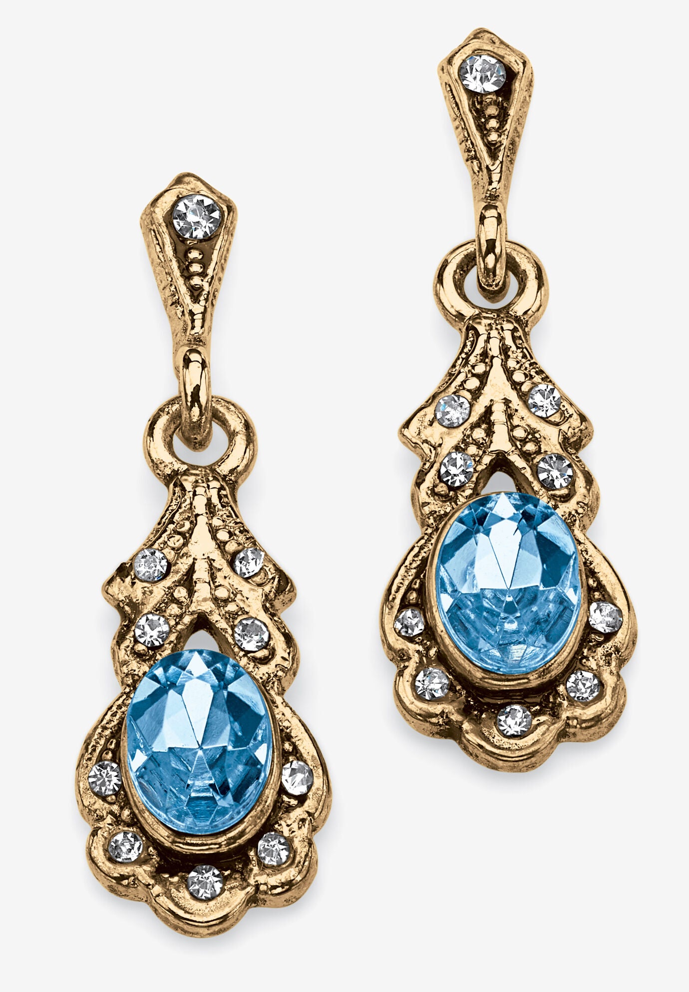 Gold Tone Antiqued Oval Cut Simulated Birthstone Vintage Style Drop Earrings, MARCH, hi-res image number 0