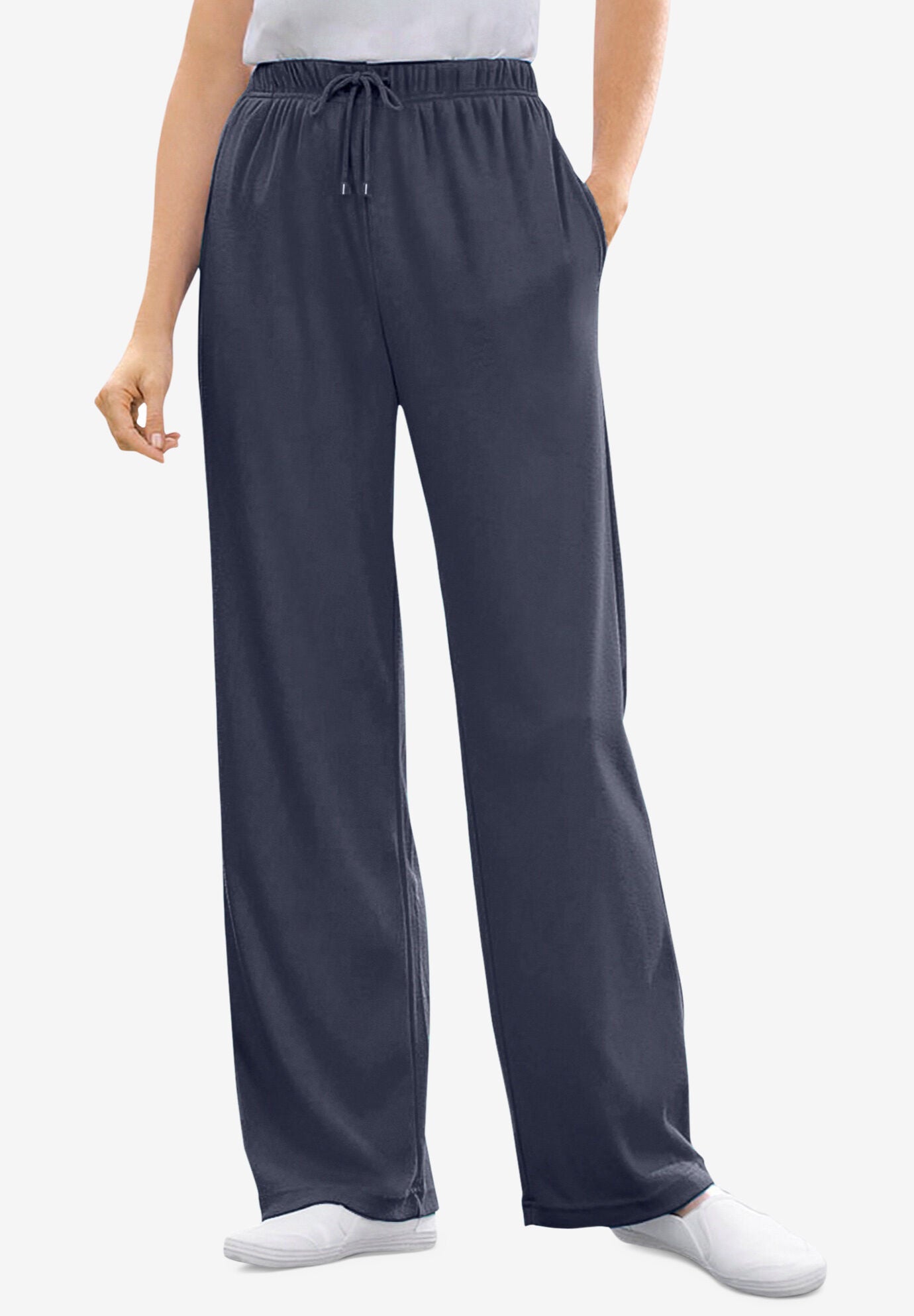 Straight Leg Sport Knit Pants Elastic Waist Navy Woman Within