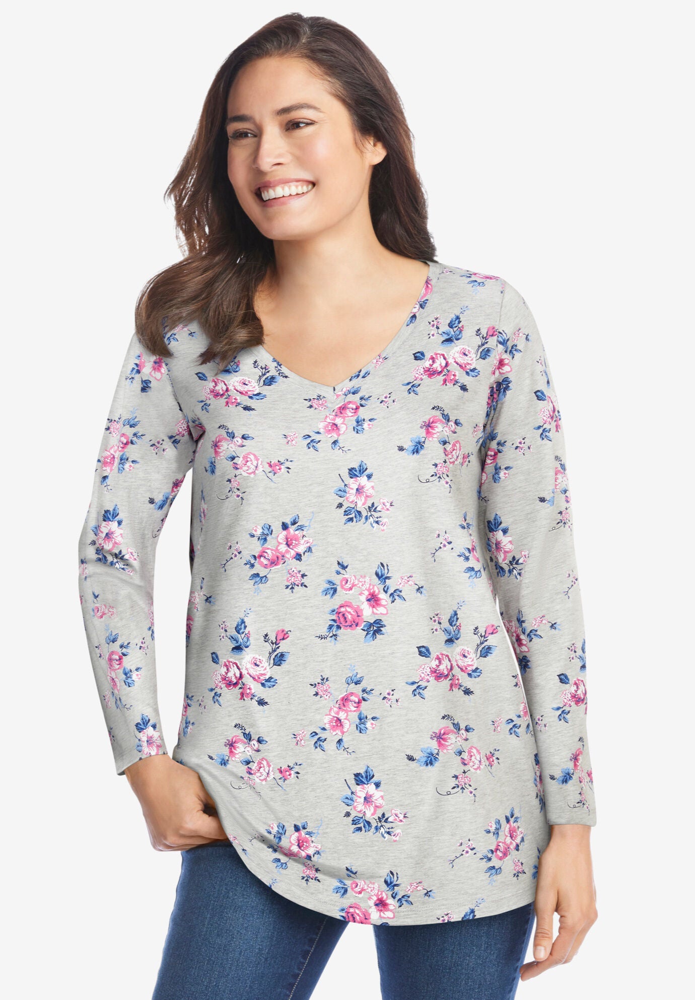 Woman Within Plus Size Perfect Printed Long-Sleeve V-Neck Tee - Picture 26 of 42
