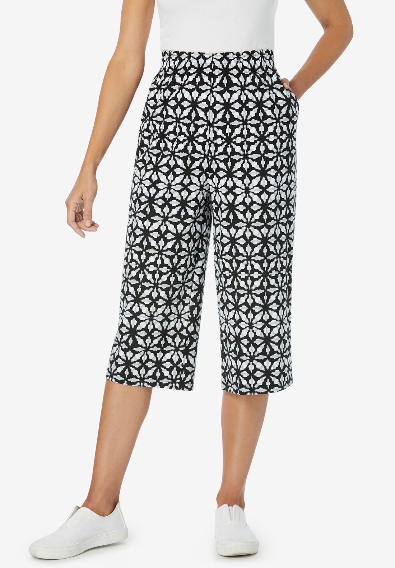 Elastic Waist Knit Capri Pant Summer Essential Black Watercolor Tile Woman Within