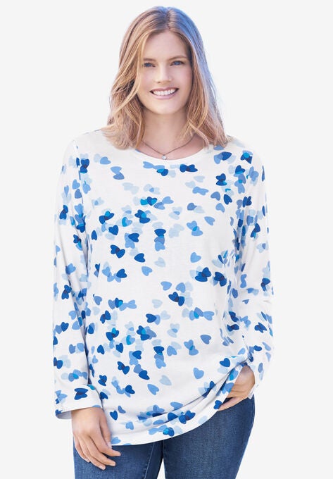 Perfect Printed Long-Sleeve Crewneck Tee, FRENCH BLUE CONFETTI HEART, hi-res image number null