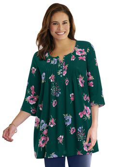7-Day Three-Quarter Sleeve Pintucked Henley Tunic