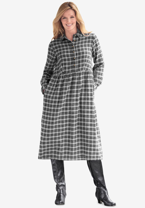 Plaid flannel A-line shirtdress, IVORY PLAID, hi-res image number null