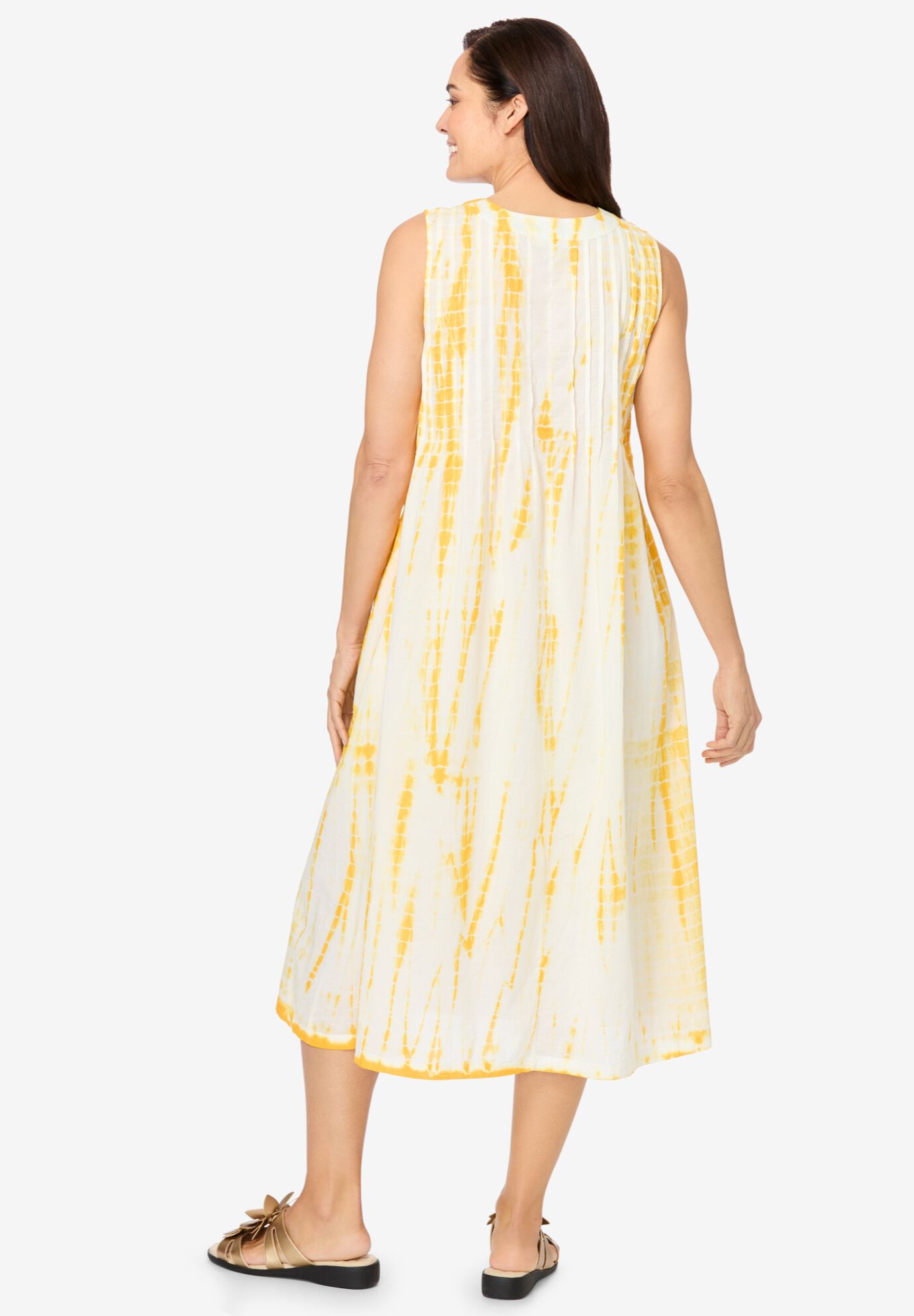 Sleeveless Pintuck Tie-Dye Dress, BRIGHT GOLD TIE DYE, on-hover image number 1