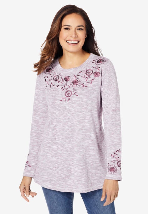 Floral Embroidered Sweatshirt Tee, DEEP CLARET MARLED EMBROIDERY, hi-res image number null