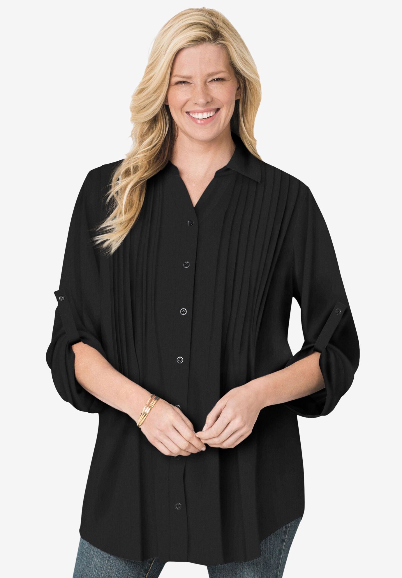 【Anyone more】[Plan] Raw Side Snap Pintuck Summer Wide PT Women's Lightweight Jersey Button Pintuck Top | Lands' End