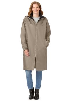 Mid-Length Fleece-Lined Raincoat with Zip-Off Hood
