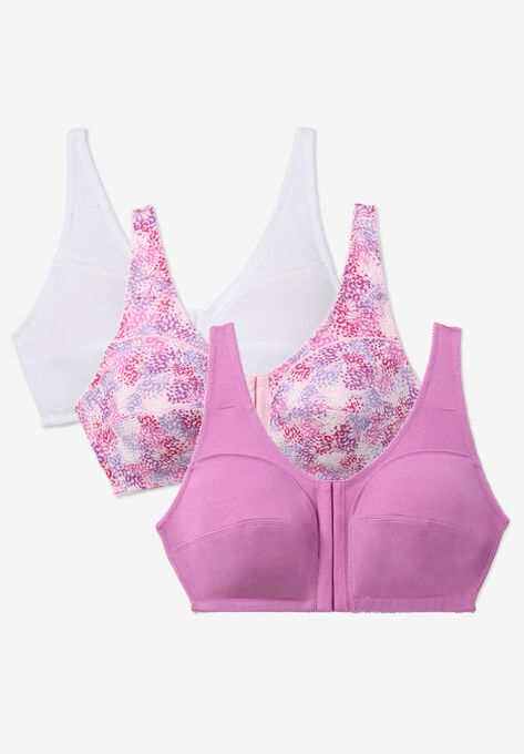3-Pack Front-Close Cotton Wireless Bra, PRETTY ORCHID ASSORTED, hi-res image number null