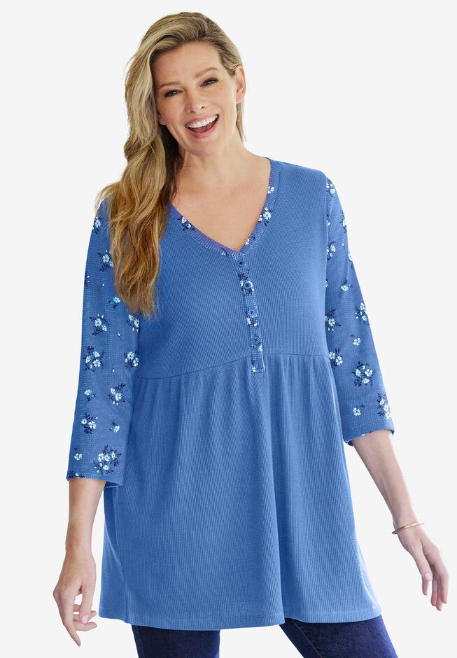 Three Quarter Sleeve Henley Tunic, BLUE COAST BOUQUET, hi-res image number 0
