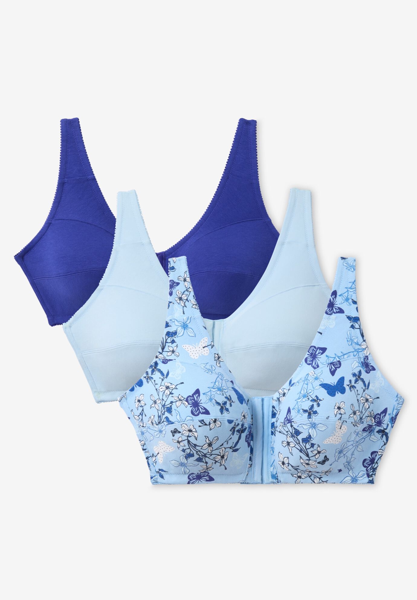 3-Pack Front-Close Cotton Wireless Bra, ULTRA BLUE ASSORTED, alternate image number 2